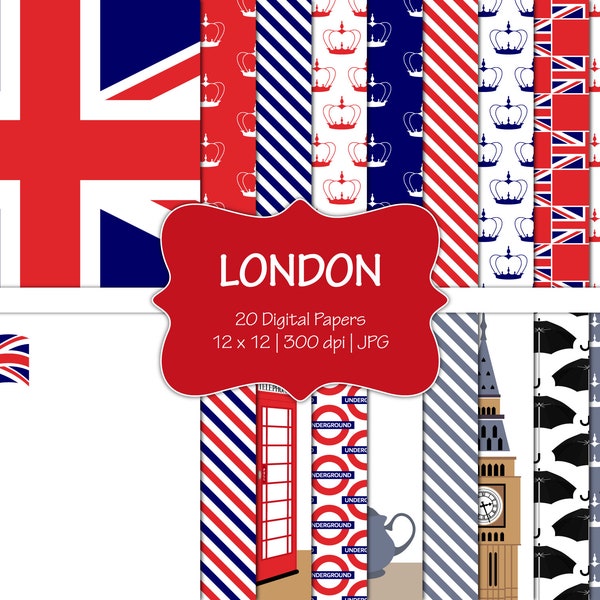 Londen-Digital Scrapbook Papers-Commercieel Gebruik-Engeland-Brits-Union Jack-Big Ben-Verenigd Koninkrijk-Britse Vlag-Tea-Instant Download Clip Art