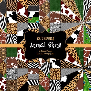 Animal Skin-Patchwork-Digital Scrapbook Papers-Commercial Use-Zoo Animals-Zebra-Leopard-Tiger-Peacock-Turtle-Jungle-Reptile-Instant Download