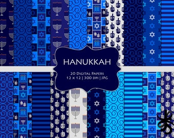 Hanukkah-Digital Scrapbook Papers-Commercial Use-Jewish Holiday-Blue-Star of David-Menorah-Dreidel-JPG-Digital Scrapbook-Instant Download