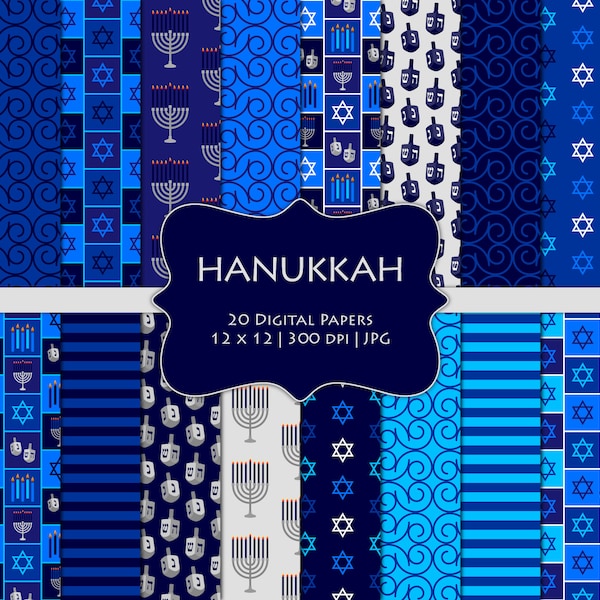 Hanukkah-Digital Scrapbook Papers-Commercial Use-Jewish Holiday-Blue-Star of David-Menorah-Dreidel-JPG-Digital Scrapbook-Instant Download