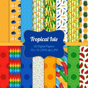 May include: A set of 20 digital papers with tropical themes. The papers feature various patterns, including pineapples, parrots, watermelon, sun, waves, and fish. The papers are 12 x 12 inches and 300 dpi.