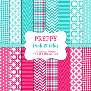 Preppy Pink and Blue-Digital Scrapbook Papers-Commercial Use-Robins Egg-Teal-Argyle-Plaid-Stripes-Girl Pattern-Instant Download Clip Art