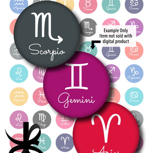 Digital Collage Sheet-Zodiac Symbols-1 Inch Circles-Stickers-Tiles-Pendants-Magnets-Astrology-Horoscope-Birth Chart-Instant Download Clipart