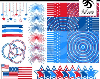 Digital Clipart & Papers-Star Spangled Set-Scrapbooking Kit-4th of July-Patriotic-Independence Day-Red White Blue-Instant Download Clip Art