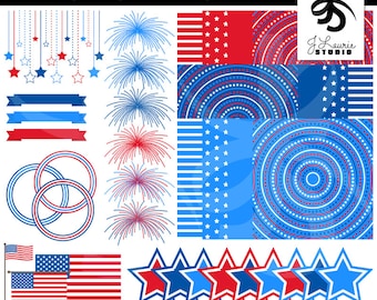 Digital Clipart & Papers-Star Spangled Set-Scrapbooking Kit-4th of July-Patriotic-Independence Day-Red White Blue-Instant Download Clip Art