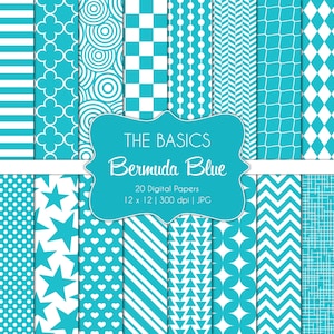 Grunderna - Bermudablå mönster - Digitala scrapbookpapper - Kommersiellt bruk - Turkos - Blågrön - Geometrisk - Chevron - Stjärnor - Utskrivbar - Direkt nedladdning