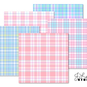 May include: Set of four digital paper patterns featuring a plaid design in pink, blue, and white. The patterns are perfect for scrapbooking, card making, and other crafting projects.