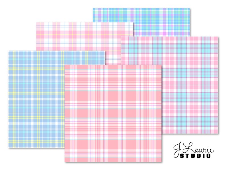 May include: Set of four digital paper patterns featuring a plaid design in pink, blue, and white. The patterns are perfect for scrapbooking, card making, and other crafting projects.