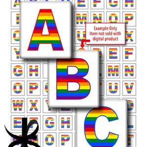 Puede incluir: Una hoja de fichas de alfabeto digital con letras de arcoíris. Cada letra está enmarcada en negro y tiene un fondo blanco. Las letras están dispuestas en una cuadrícula. El texto en la hoja dice "Rainbow Letters .75x.83" Digital Tiles on 8.5x11" Sheet (jpg)"