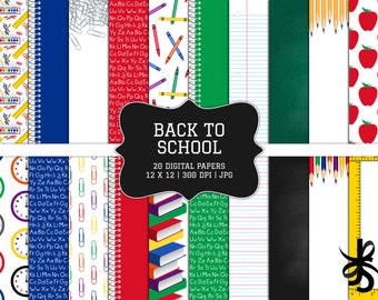 Back to School-Digital Scrapbook Papers-Commercial Use-Classroom-Teacher-School Supplies-Chalkboard-Paper Clips-Instant Download Clip Art