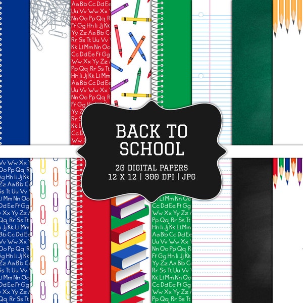 Back to School-Digital Scrapbook Papers-Commercial Use-Classroom-Teacher-School Supplies-Chalkboard-Paper Clips-Instant Download Clip Art