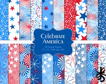 Celebrate America-Digital Scrapbook Papers-Commercial Use-July 4th-Patriotic-Fireworks-Red-White-Blue-Independence Day-Instant Download