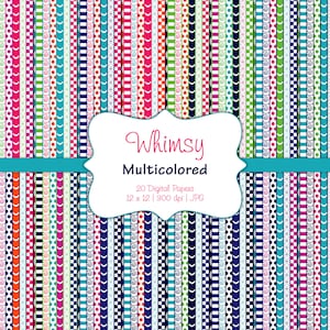 May include: A set of 20 digital papers featuring whimsical patterns in a variety of colors, including pink, blue, green, orange, and white. The patterns include stripes, polka dots, and swirls. The papers are 12 inches by 12 inches and 300 dpi.