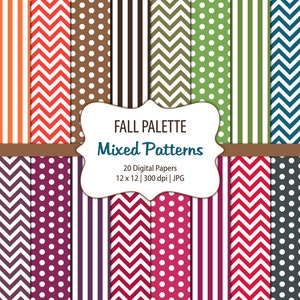May include: A set of 20 digital papers featuring various autumn-themed patterns, including polka dots, stripes, and chevron designs. The papers are 12 inches by 12 inches and have a resolution of 300 dpi. The text "FALL PALETTE Mixed Patterns" is displayed in a banner at the top of the image.