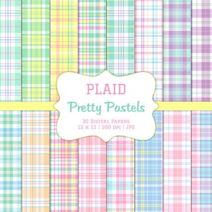 Papeles para álbumes de recortes digitales con cuadros escoceses pastel, patrón sin costuras, uso comercial, cuadros escoceses para bebés, unisex, rosa, azul y amarillo, descarga instantánea de imágenes prediseñadas
