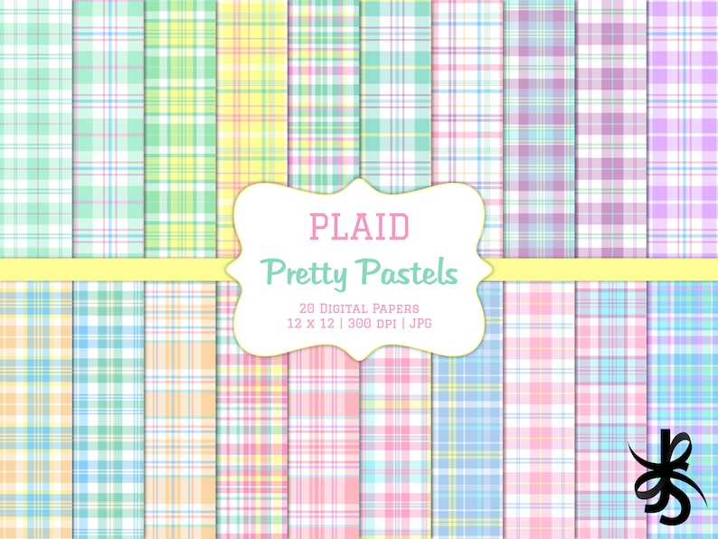 May include: A set of 20 digital paper patterns featuring plaid designs in pastel colors. The patterns are 12 inches by 12 inches and 300 DPI. The text "PLAID Pretty Pastels" is displayed on a white banner.