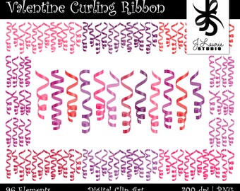 May include: A digital clip art set of 96 Valentine's Day curling ribbon elements in pink, red, and purple. The image includes the text "Valentine Curling Ribbon", "96 Elements", "Digital Clip Art", and "300 dpi | PNG".