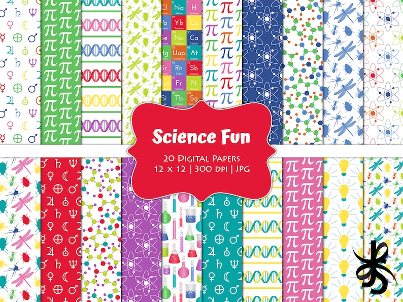以下が含まれることがあります： 科学をテーマにしたパターンが描かれたデジタルペーパー20枚セット。パターンには、原子、DNA鎖、電球、トンボ、数学記号が含まれています。ペーパーは12インチ&times;12インチ、300 DPIです。