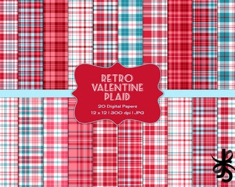 Retro Plaid Valentine-Digital Scrapbook Papers-Commercial Use-Preppy-Tartan-Red-Blue-Card-Background-Printable-Instant Download Clip Art