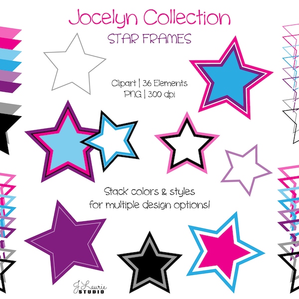 Jocelyn Collection-Rockstar Girl-Star Frames-Digital Clipart Elements-Commercial Use-Tween-Abstract-Retro-Rock and Roll-Stars-Party-PNG