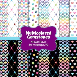 Multicolored Gemstones-Digital Scrapbook Papers-Commercial Use-Glitter-Digital Gems-Diamonds-Jewels-Rainbow-JPG-Instant Download Clip Art