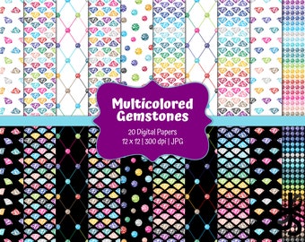Multicolored Gemstones-Digital Scrapbook Papers-Commercial Use-Glitter-Digital Gems-Diamonds-Jewels-Rainbow-JPG-Instant Download Clip Art