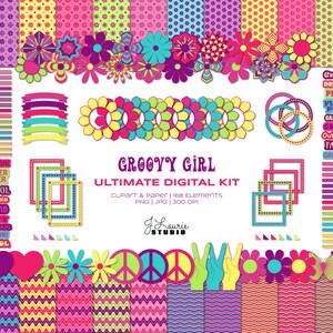 May include: A digital clip art and paper pack with a groovy girl theme. The pack includes 168 elements in PNG and JPG format at 300 DPI. The elements include flowers, peace signs, hearts, butterflies, frames, banners, and patterned papers in bright colors like pink, yellow, blue, and green. The text "Groovy Girl Ultimate Digital Kit" is featured in the center of the image.