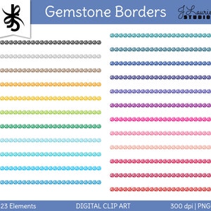 May include: 23 digital clip art borders featuring rows of sparkling gemstones in various colors, including black, white, gray, brown, orange, yellow, green, teal, blue, light blue, pink, red, and purple.  The borders are 300 dpi and in PNG format.