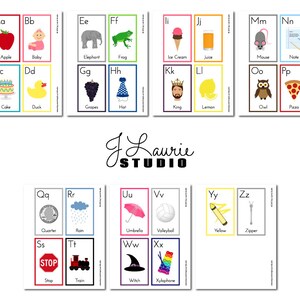 Puede incluir: Un conjunto de tarjetas de aprendizaje del alfabeto coloridas con ilustraciones y palabras para cada letra. Las tarjetas est&aacute;n ordenadas alfab&eacute;ticamente y presentan im&aacute;genes como una manzana, un beb&eacute;, un elefante, una rana, un helado, jugo, un rat&oacute;n, una nota, un pastel, un pato, uvas, un sombrero, un rey, un lim&oacute;n, un b&uacute;ho, una pizza, una moneda, lluvia, un paraguas, un voleibol, amarillo, una cremallera, una se&ntilde;al de alto, un tren, una bruja y un xil&oacute;fono.