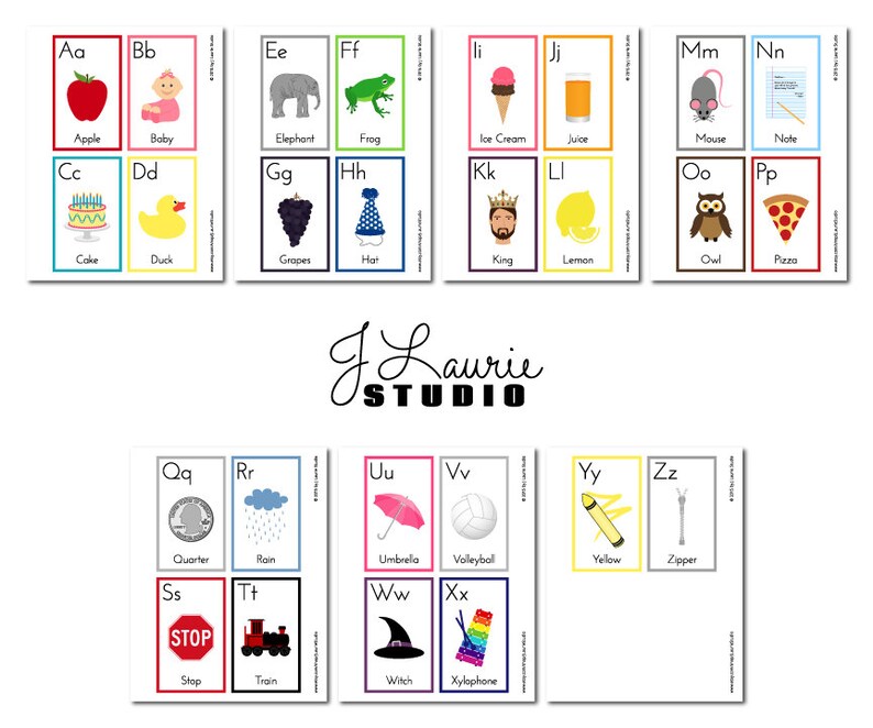 Puede incluir: Un conjunto de tarjetas de aprendizaje del alfabeto coloridas con ilustraciones y palabras para cada letra. Las tarjetas est&aacute;n ordenadas alfab&eacute;ticamente y presentan im&aacute;genes como una manzana, un beb&eacute;, un elefante, una rana, un helado, jugo, un rat&oacute;n, una nota, un pastel, un pato, uvas, un sombrero, un rey, un lim&oacute;n, un b&uacute;ho, una pizza, una moneda, lluvia, un paraguas, un voleibol, amarillo, una cremallera, una se&ntilde;al de alto, un tren, una bruja y un xil&oacute;fono.