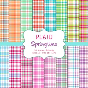 May include: A collection of 20 digital papers with colorful plaid patterns in various spring colors. The papers are 12 x 12 inches and 300 DPI. The image includes text that reads "PLAID Springtime".