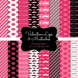 Valentine Lips and Moustaches-Digital Scrapbook Papers-Commercial Use-His and Hers-Hot Pink-Black-Cards-Instant Download Clip Art