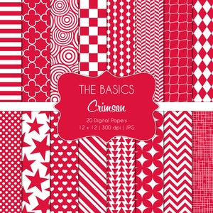 May include: A set of 20 digital papers in a crimson red color scheme. The papers feature various geometric patterns, including stripes, polka dots, stars, hearts, and chevrons. The text "THE BASICS Crimson 20 Digital Papers 12 x 12 | 300 dpi | JPG" is displayed on a red banner.