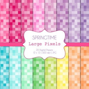 Large Pixels-Springtime-Digital Scrapbook Papers-Commercial Use-Pixelated-Squares-Gamers-Craft-Pink-Blue-Yellow-Printable-Instant Download