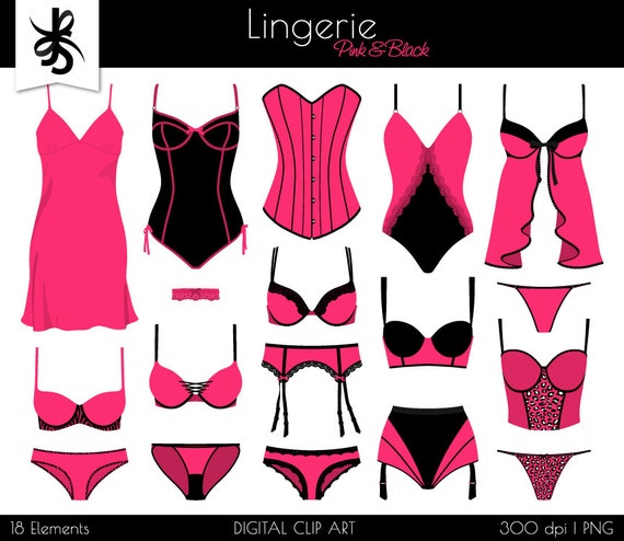 Lingerie Digital Clipart-boudoir-pink and Black-bachelorette-valentines-hot  Pink-lingerie-corset-bustier-bra-instant Download Clip Art 