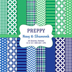 May include: A set of 20 digital papers in navy blue and shamrock green. The patterns include plaid, polka dots, chevron, and geometric designs. The papers are 12 inches by 12 inches and 300 DPI.