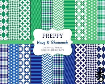 Preppy Navy and Shamrock-Digital Scrapbook Papers-Commercial Use-Green-Blue-Chevron-Argyle-Plaid-Stripes-Instant Download Clip Art