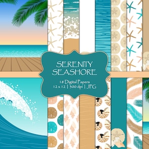 Serenity Seashore-Digital Scrapbook Papers-Commercial Use-Seashells-Beach Party-Ocean-Tropical-Sea-Surfing-Starfish-Instant Download Clipart