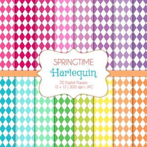 Harlequin-Springtime-Digital Scrapbook Papers-Commercial Use-Geometric Patterns-Preppy-Court Jester-Circus-Pink-Printable-Instant Download