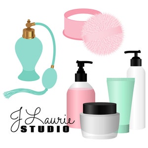Puede incluir: Un conjunto de productos de belleza que incluye un frasco de perfume de vidrio verde con tapa dorada, una botella de loci&oacute;n rosa con dispensador de bomba, un tubo de crema verde, un frasco de crema blanco con tapa negra y una borla de polvo rosa en un recipiente rosa.