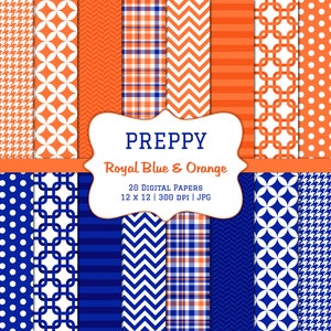 Preppy Royal blauw en oranje-digitale Scrapbook Papers-commercieel gebruik-Navy-Chevron-Argyle-Plaid-Stripes-Instant Download illustraties