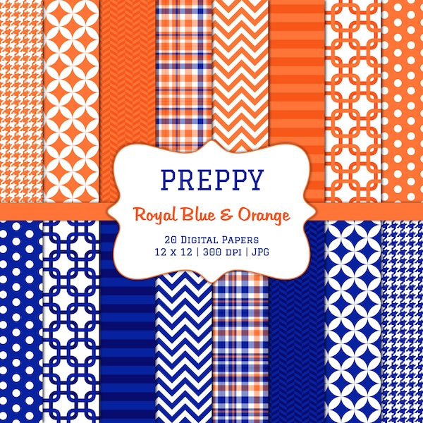 Preppy Royal Blue and Orange-Digital Scrapbook Papers-Commercial Use-Navy-Chevron-Argyle-Plaid-Stripes-Instant Download Clip Art