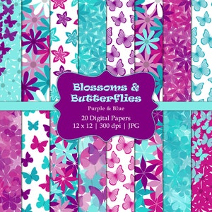 Fiori e farfalle-Digital Scrapbook Papers-Commercial Use-Purple-Blue-Teal-Floral-Flowers-Butterfly Clipart-Instant Download clipart