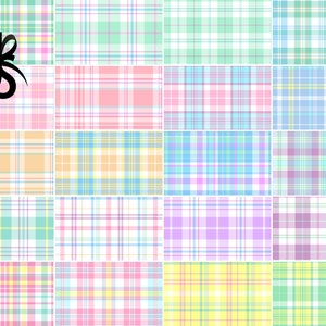 May include: A collection of 16 pastel plaid patterns in various colors, including pink, blue, green, and yellow.