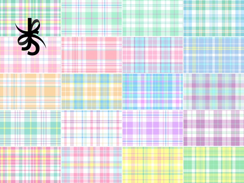 May include: A collection of 16 pastel plaid patterns in various colors, including pink, blue, green, and yellow.