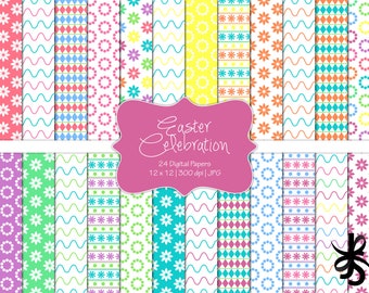 Easter Celebration-Digital Scrapbook Papers-Commercial Use-Flowers-Swirls-Easter Eggs-Pastels-Spring Colors-Printable-Instant Download