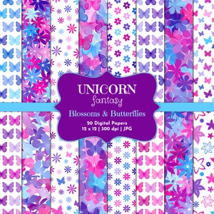 Einhorn Fantasy-Blüten und Schmetterlinge-Digitale Scrapbook Papiere-Kommerzielle Nutzung-Blumen-Lila-Pink-Mädchen-Prinzessin-Instant Download Clip Art