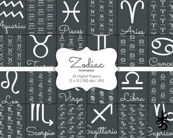 Zodiac Signs-Commercial Use-Digital Papers-Astrology-Horoscope-Silver-Gray-Gemini-Aries-Leo-Scorpio-JPG-Digital Scrapbook-Instant Download
