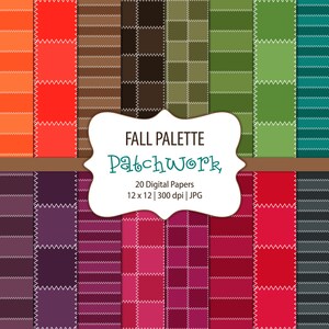 May include: A set of 20 digital papers featuring a patchwork design with a grid pattern in various fall colors. The papers are 12 inches by 12 inches and 300 dpi. The text "FALL PALETTE Patchwork" is displayed on a white label.