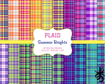 Plaid-Summer Bright Colors-Digital Scrapbook Papers-Commercial Use-Preppy-Tartan-School-Wallpapers-Backgrounds-Instant Download Clip Art